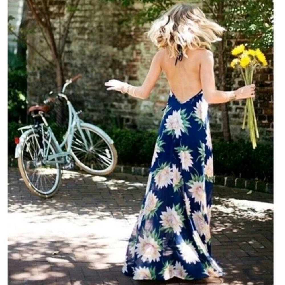 Show Me Your Mumu Logan Lace Up Halter Maxi Dress - Blue Floral Sunflower Dreams